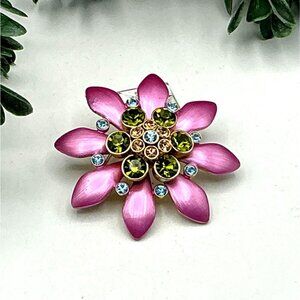 Flower Brooch Pink with Green Rhinestone With Textured Gold-Tone Back
